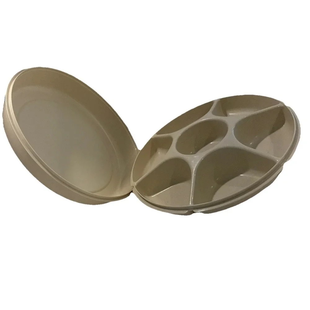 Vtg Tupperware‎ Large Divided Veggie Party Dip Tray Complete 2 Set Almond/Beige